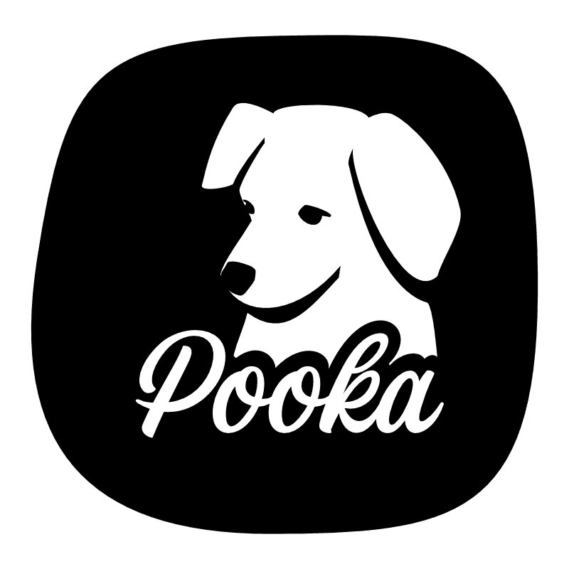 Pooka-Logo Hundesilhouette mit Schriftzug