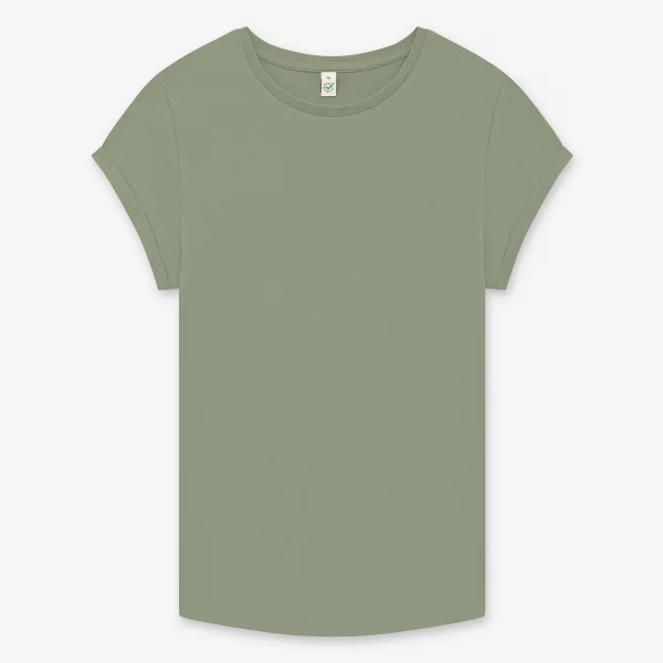 T-Shirt Damen mit aufgerollten Ärmeln Hell-Olive "Hundetaxi" Brust – Bild 5