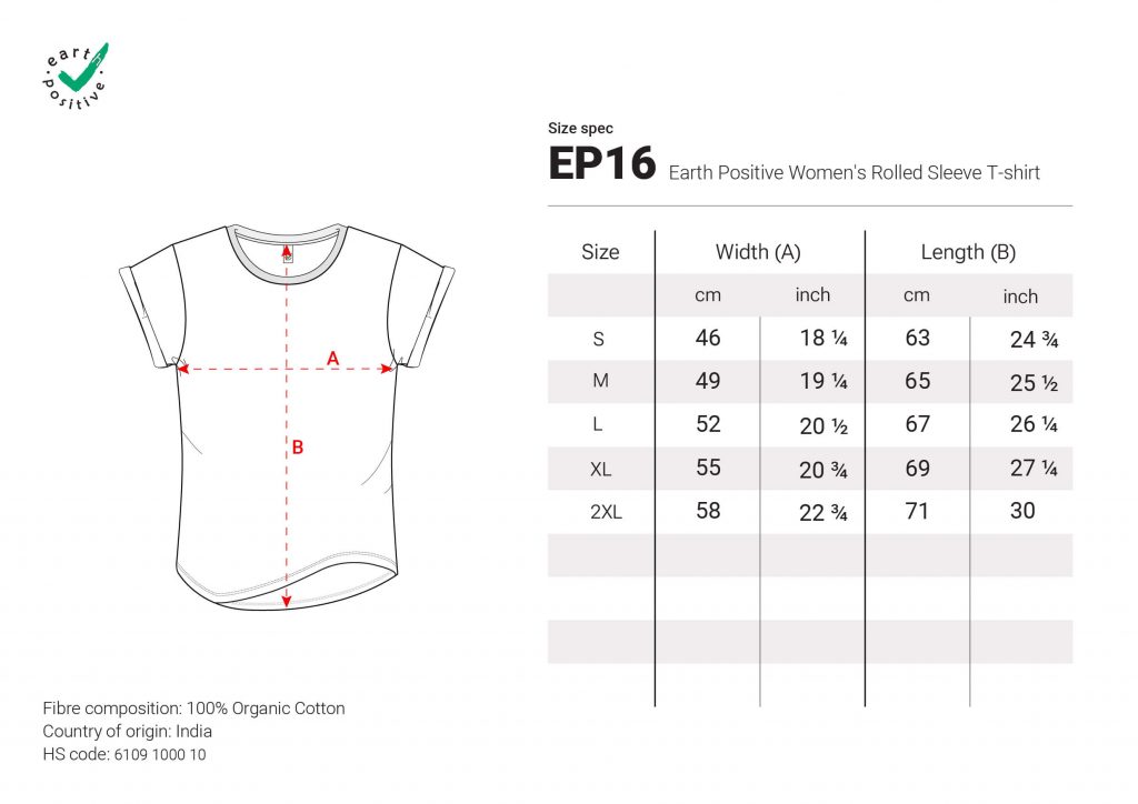 Größentabelle mit relevanten Maßen für das T-Shirt EP16 von EarthPositive