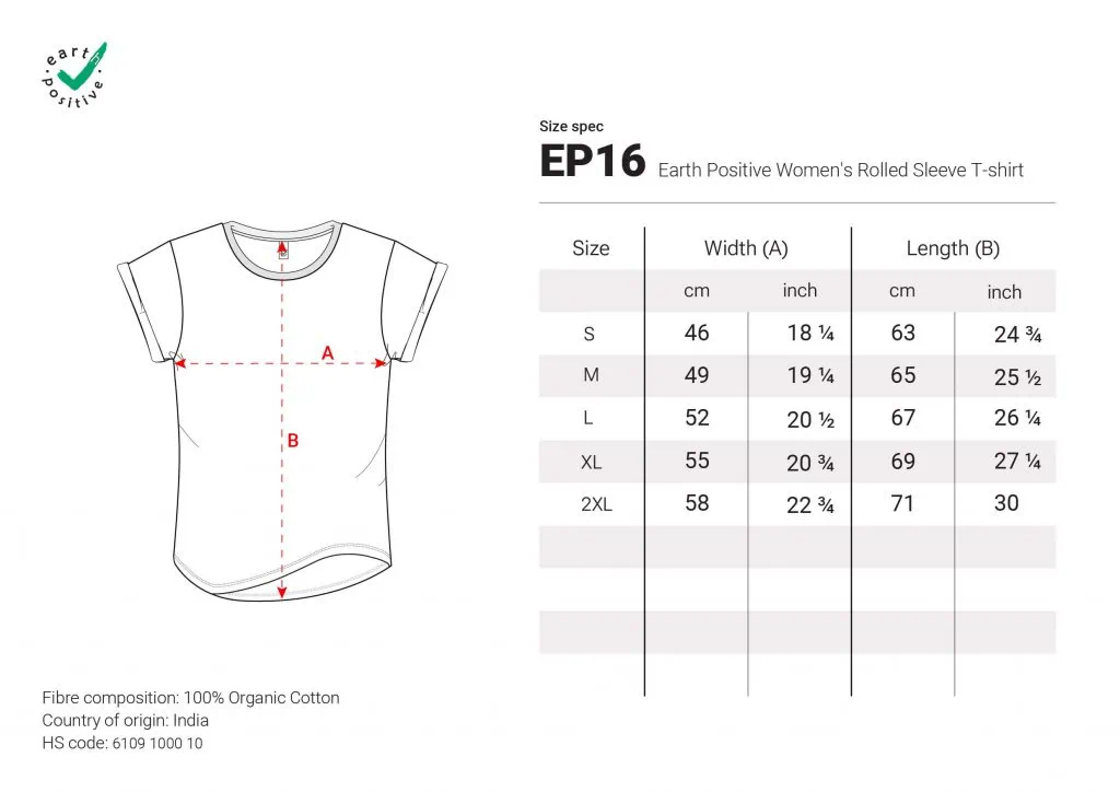 Größentabelle mit relevanten Maßen für das T-Shirt EP16 von EarthPositive