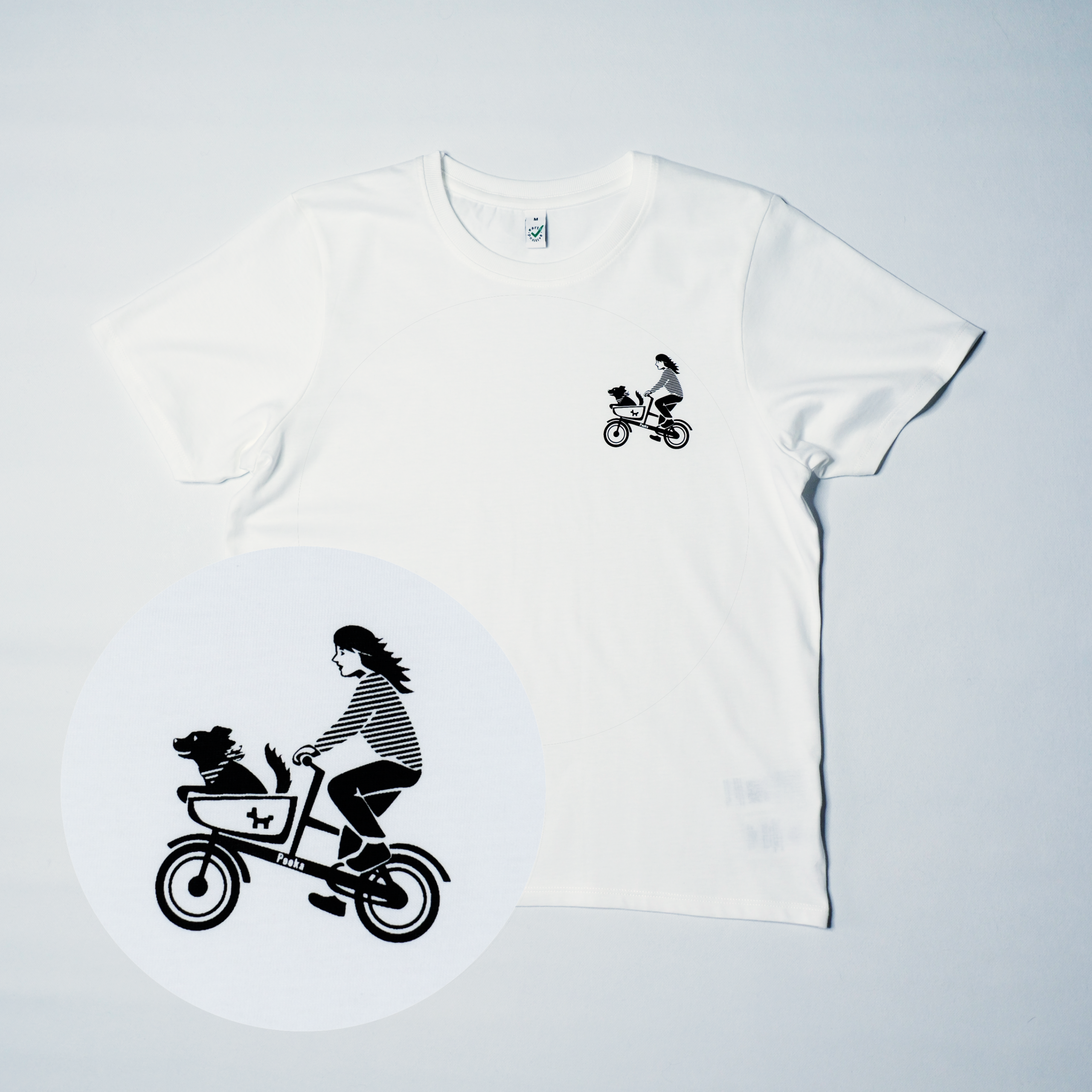 T-Shirt Damen | weiß "Hundetaxi" Hund auf Fahrrad Siebdruck Brust