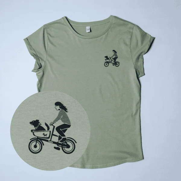 T-Shirt Damen mit aufgerollten Ärmeln Hell-Olive "Hundetaxi" Brust