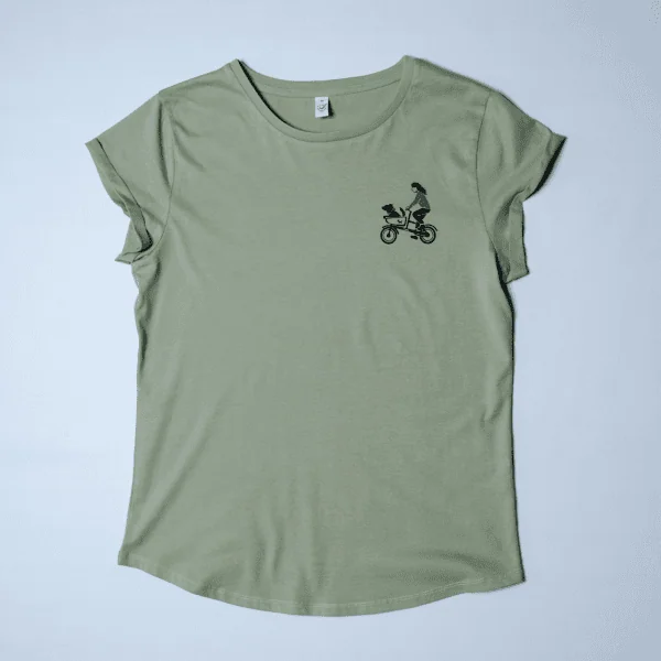 T-Shirt Damen mit aufgerollten Ärmeln Hell-Olive "Hundetaxi" Brust – Bild 3
