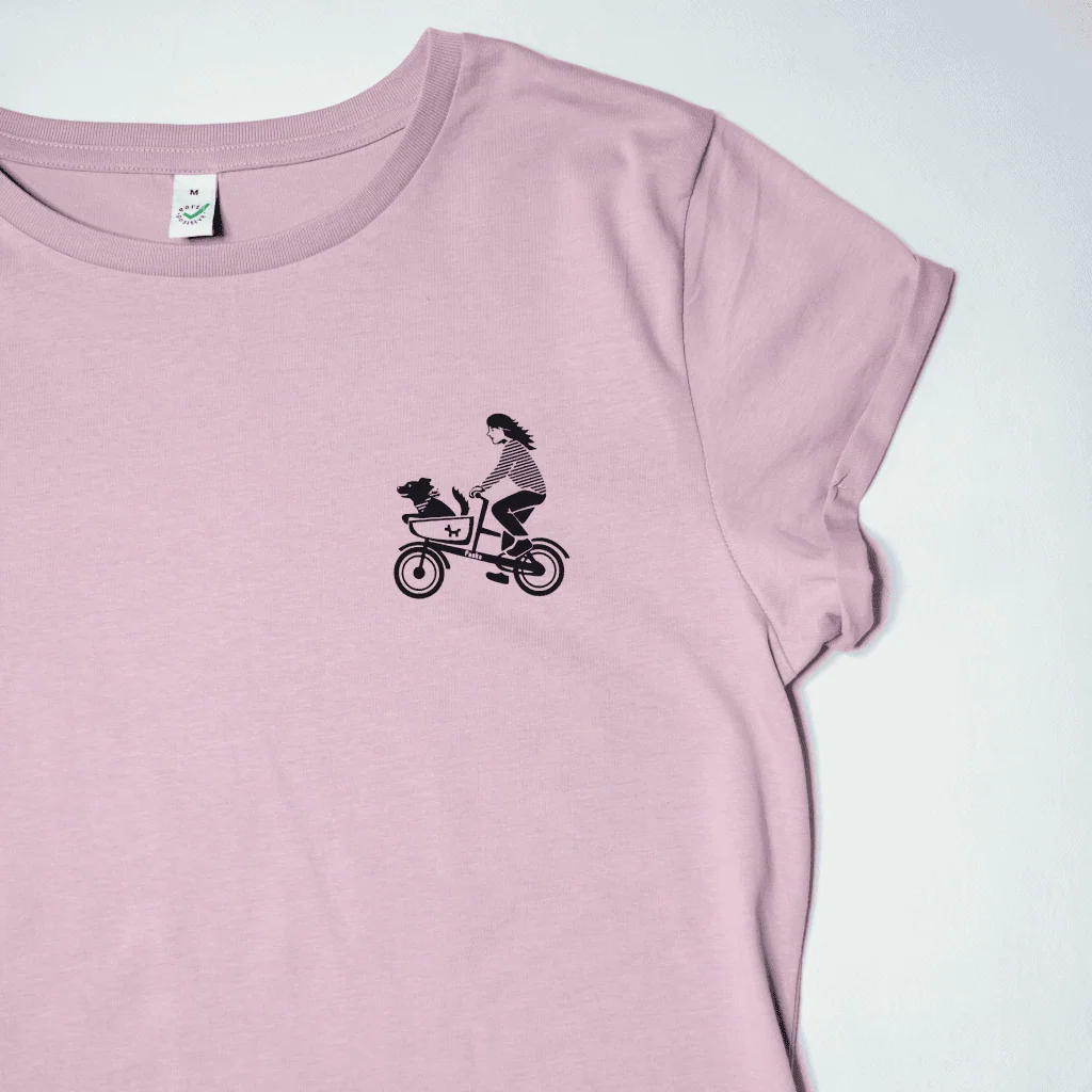 Siebdruck Hund im Lastenrad auf rosa T-Shirt