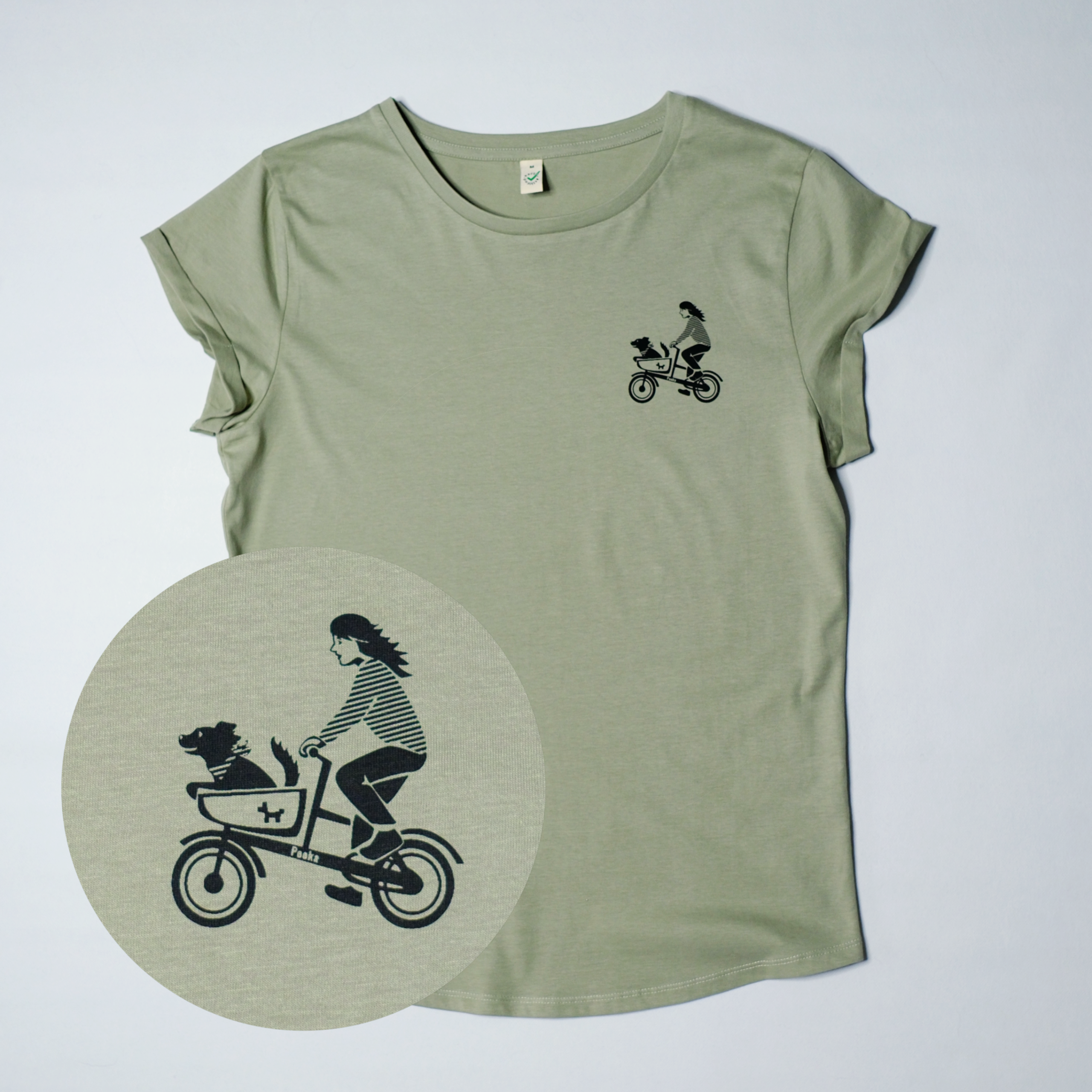 Produktbild von olive Bio-T-Shirt mit Siebdruck auf Brust Motiv "Hundetaxi" mit Frau und Hund auf Cargobike von Pooka
