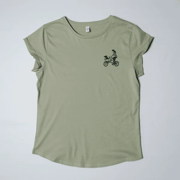 olive T-Shirt mit Siebdruck aus Brust Motiv "Hundetaxi" mit Frau und Hund auf Cargobike