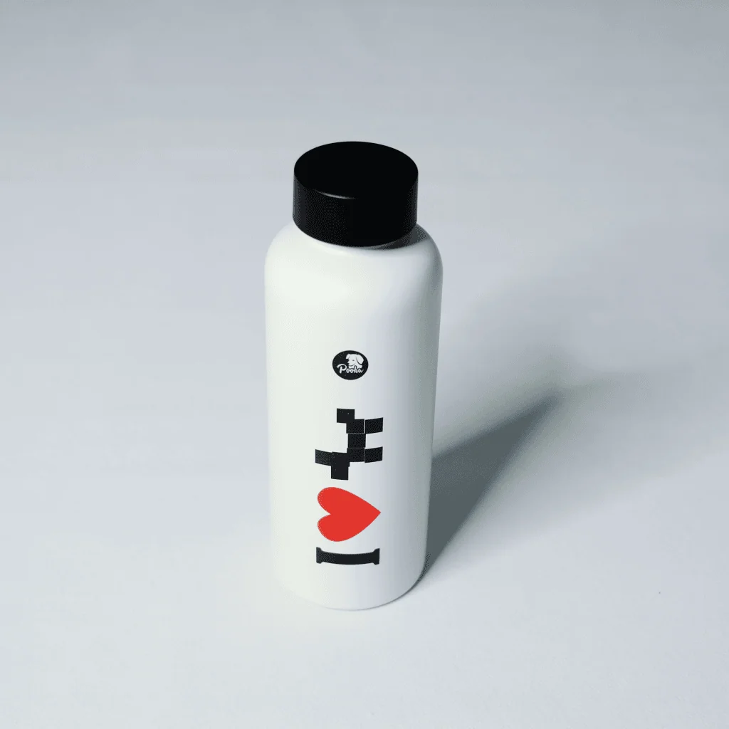 Produktbild weiße Edelstahl-Trinkflasche 500 ml mit Hundeliebe-Druck: I Love Dogs