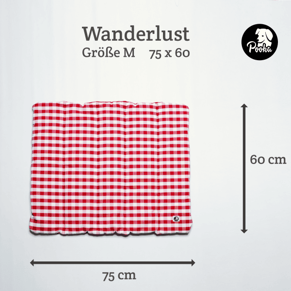 Mittelgroße Hundematte Wanderlust in rot-weiß-kariert mit recycelten Polyesterfasern als Füllung